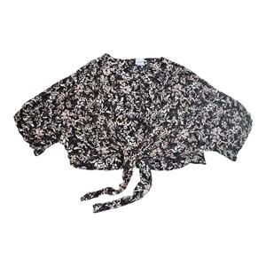 VTG Sonoma Women's Tie Front Floral SHIRT TOP Over Blouse One Size Knotted Black